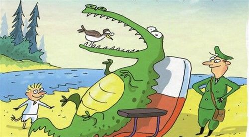 Fragment okładki książki Pawła Wakuły Dentysta w paszczy krokodyla i inne historie z Doliny Bagiennej Trawy