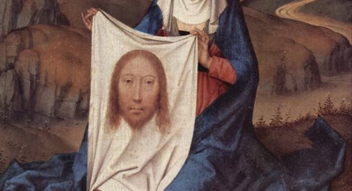 Fragment Obrazu Hansa Memlinga przedstawiający św. Weronikę z veraiconem