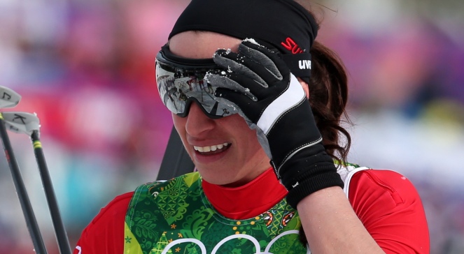 Justyna Kowalczyk za metą sprintu drużynowego techniką klasyczną w biegach narciarskich kobiet, rozgrywanego na Krasnej Polanie w Soczi