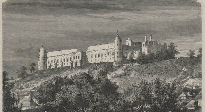 Zamek w Janowcu na drzeworycie z 1866 roku. Autor: Konstanty Przykorski. Źródło: Polona/Domena publiczna
