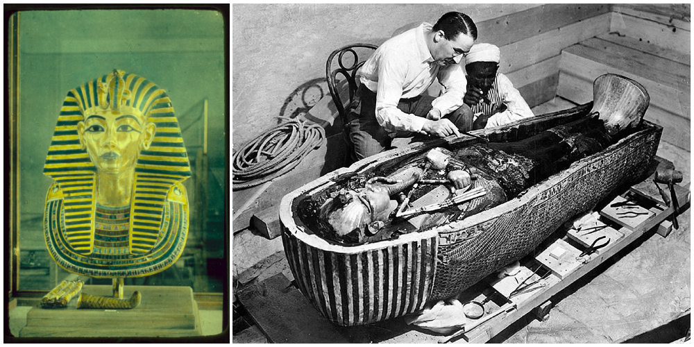 Po lewej: maska pogrzebowa z sarkofagu Tutanchamona. Po prawej: Howard Carter wraz z egipskim pracownikiem nad mumią faraona. Fot. domena publiczna