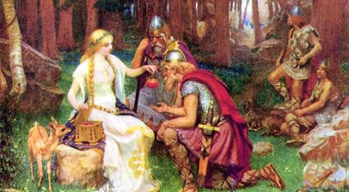 Nordyccy bogowie byli śmiertelni. Tylko dzięki jabłkom Idunn mieli nadzieję doczekać Ragnarku. Obraz J. Penrose, 1890