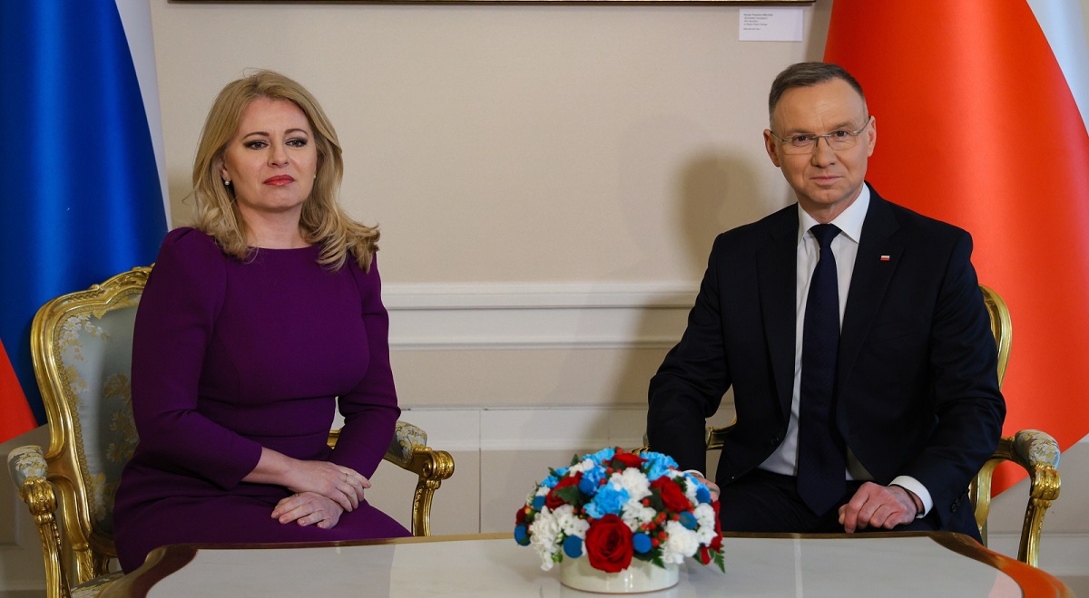 Polands President Andrzej Duda (right) and Slovakias Zuzana aputova (left) meet in Warsaw on Tuesday, April 16, 2024.