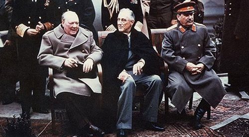 Konferencja Wielkiej Trójki w Jałcie. Od lewej:  Winston Churchill, Franklin D. Roosevelt i Józef Stalin