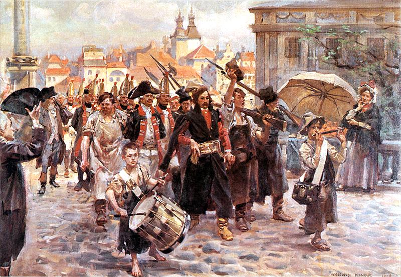 Jan Kiliński prowadzi jeńców rosyjskich przez ulice Warszawy, aud. Wojciech Kossak (1908) Wikipedia/dp