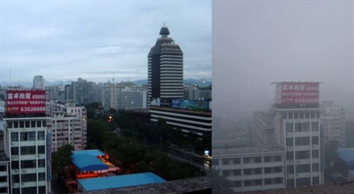 Smog nad Pekinem: po lewej stronie po dwóch dniach deszczu, po prawej w normalny dzień