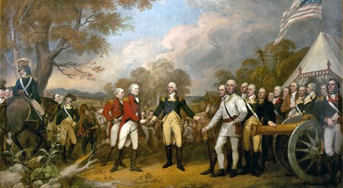 Scena kapitulacji brytyjskiego generała Johna Burgoyne pod Saratogą, 17 października 1777