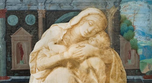 Andrea Mantegna, Matka Boska z Dzieciątkiem na tle ruin antycznych (Madonna della tenerezza), 1491, rysunek tuszem na pergaminie, kolekcja prywatna