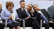 Prezydent RP Bronisław Komorowski, małżonka prezydenta RP Anna Komorowska i prezydent USA Barack Obama podczas głównych uroczystości z okazji 25-lecia Wolności 