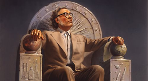 Isaac Asimov na Tronie - reprodukcja obrazu Roweny Morrill, źr. Wikimedia CommonsGNU