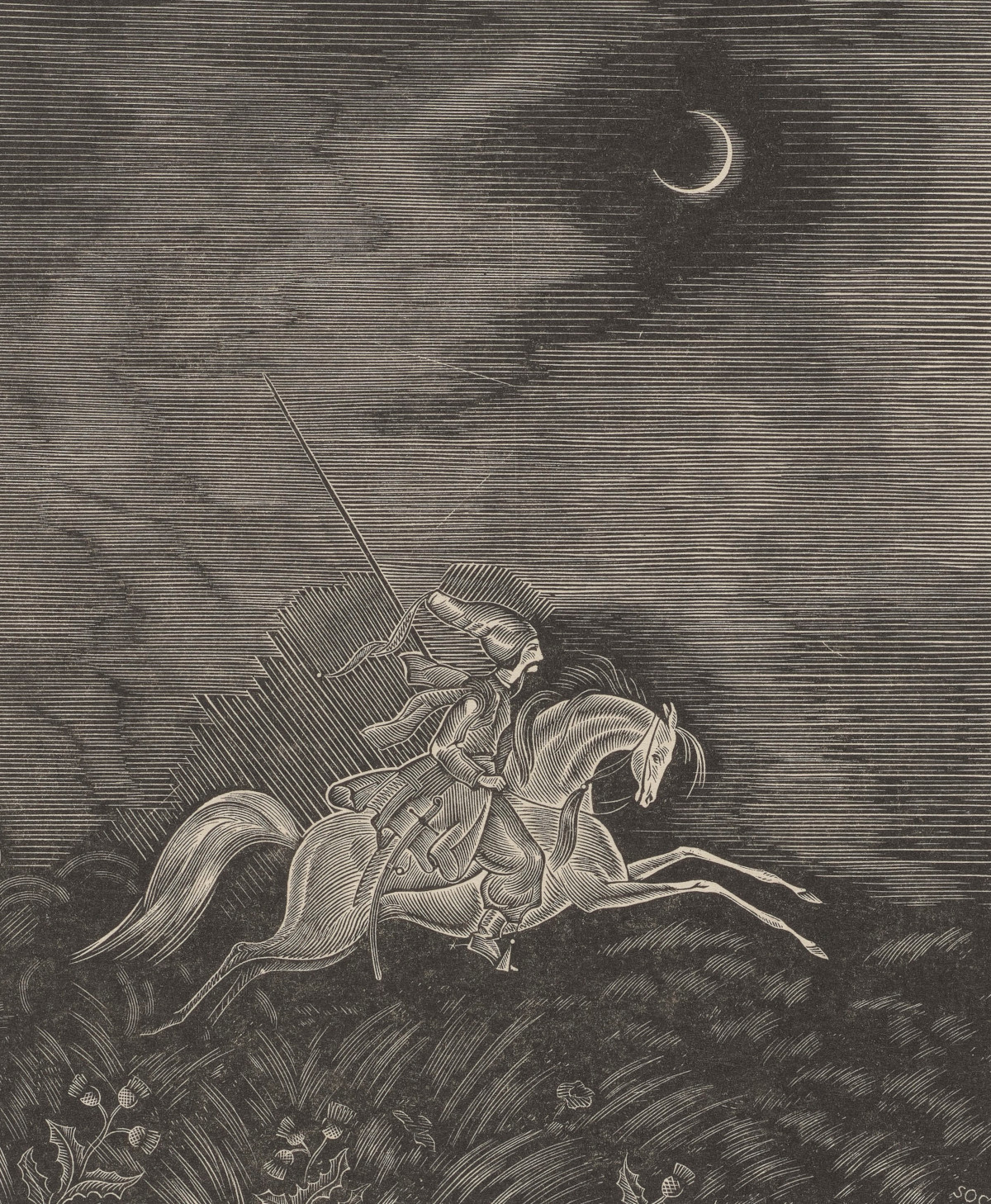 Kozak galopujący na białym koniu. Ilustracja Stanisława Ostoi-Chrostowskiego do "Marii" Antoniego Malczewskiego, 1933 r. Fot. Polona