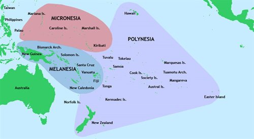 Nowa wyspa znajduje się w okolicach Tonga. Na zdjęciu trzy główne grupy wysp na Oceanie Spokojnym: Polinezja, Mikronezja i Melanezja