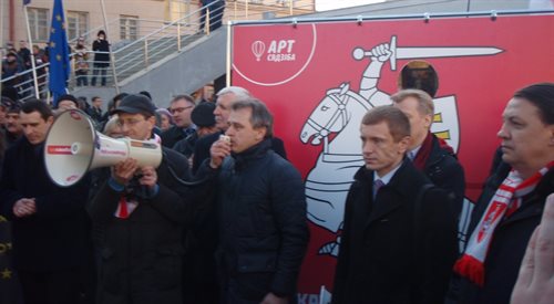 Dzień Woli w Mińsku, 25 marca 2015 roku. Na zdjęciu od lewej: Aleś Makajeu, Alaksiej Janukiewicz, Anatol Labiedźka