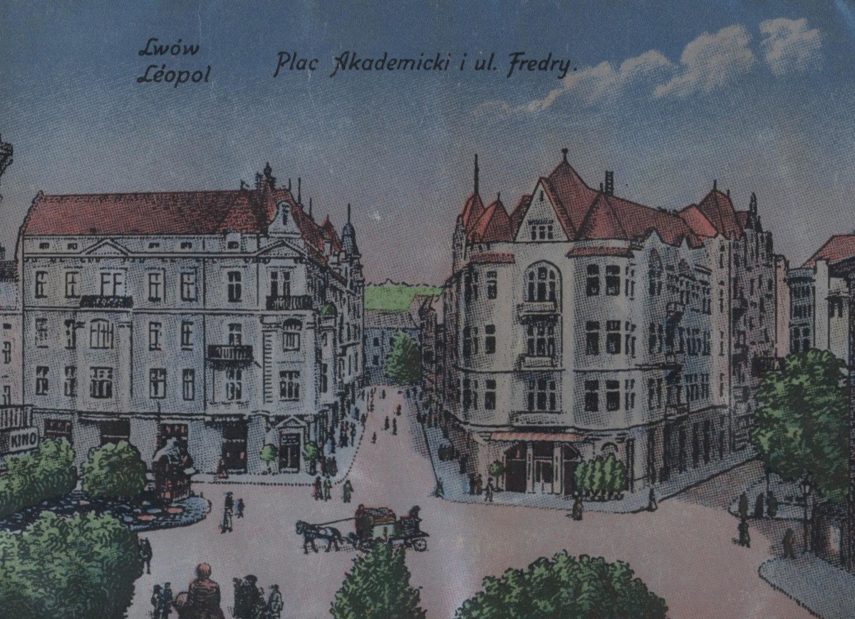 Lwów, plac Akademicki i ul. Fredry, pocztówka z ok. 1910 r. Fot. Polona/dp