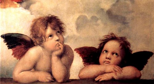 Aniołki na fragmencie dzieła Rafaela pt. Madonna Sykstyńska