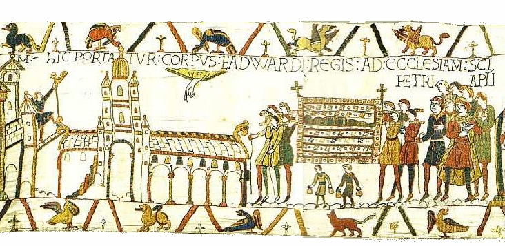 Jedyny wizerunek dawnego opactwa św. Piotra w Westminsterze znajduje się na poświęconym pogrzebowi króla Edwarda Wyznawcy fragmencie tzw. tkaniny z Bayeux. Fot. domena publiczna
