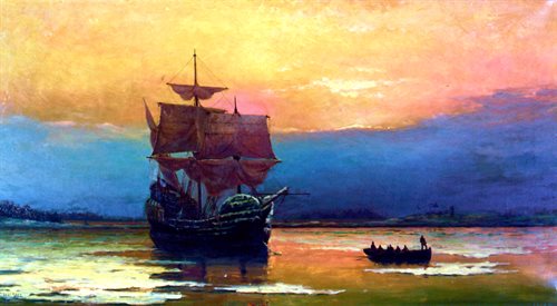 Mayflower w Plymouth Harbor. Fragment obrazu Williama Halsalla z 1882 roku
