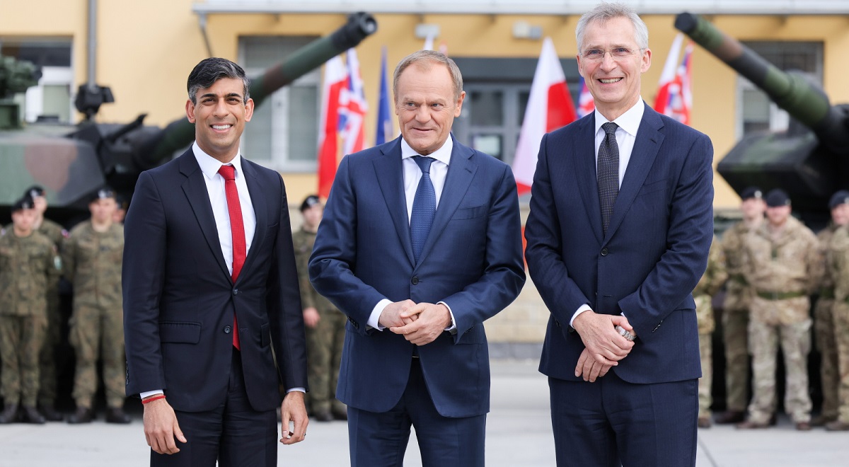 Polands Prime Minister Donald Tusk (centre), Britains Rishi Sunak (left), and NATO chief Jens Stoltenberg (right) meet in Warsaw on Tuesday, April 23, 2024.