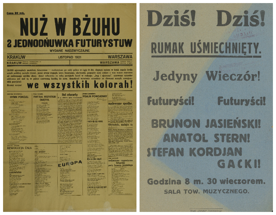 "Nuż w bżuhu", czyli druga "Jednodńuwka futurystuw" oraz plakat zapowiadający występ m.in. Jasieńskiego i Sterna. Fot. Polona.pl/domena publiczna