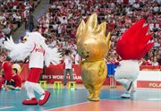 Maskotki mistrzostw w przerwie meczu Polska - Francja w grupie E mistrzostw świata siatkarzy w Łodzi