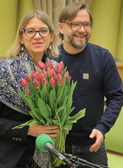 W trakcie nagrania audycji (17.11) urodziny obchodziła Magdalena Łoś. Na zdjęciu z Jackiem Hawrylukiem.