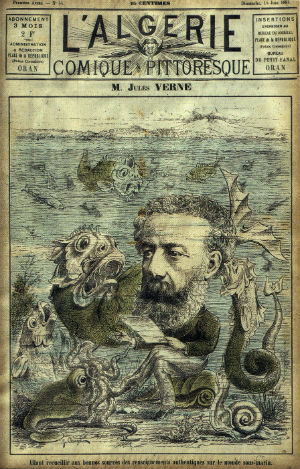 Karykatura przedstawiająca Juliusza Verne'a w czasopiśmie "L'Algerie" (15.06.1884)