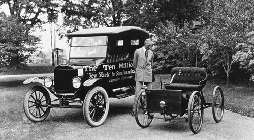 Henry Ford w 1924 roku, obok Forda T, patrzący na swój pierwszy model samochodu