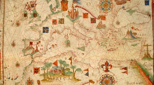 Portolan - mapa żeglarska przedstawiająca basen Morza Śródziemnego i Europę (ok. 1600 r.)