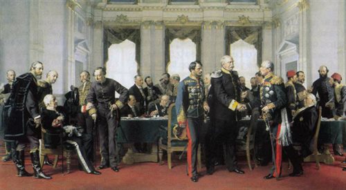 Kongres berliński na obrazie niemieckiego malarza: potężna postać Otto von Bismarcka góruje nad otoczeniem, po lewej w pozycji siedzącej rosyjski MSZ Aleksander Gorczakow