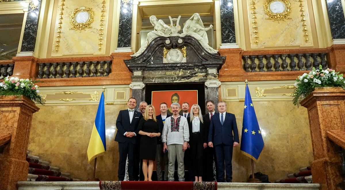 Polands Culture Minister Piotr Gliński (right) poses for a photo with his counterparts during the meeting at the Lviv Opera, in the western Ukrainian city of Lviv, on Wednesday, June 29, 2022.