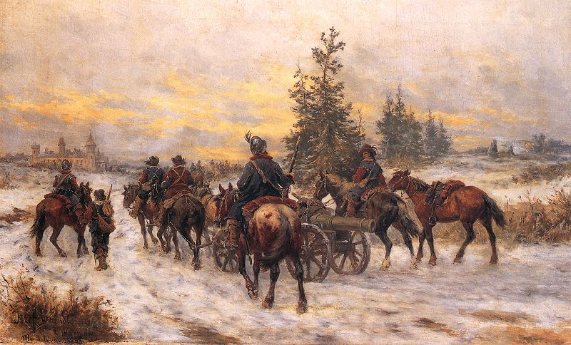 Pochód Szwedów do Kiejdan, obraz pędzla Józefa Brandta, źr. Wikimedia Commons/dp