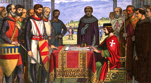 Rycina z XIX wieku. Wyobrażenie momentu podpisania Magna Charta Libertatum.