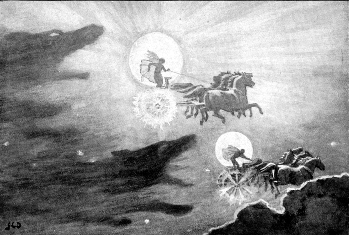 J. C. Dollman, Wilki w pogoni za Słońcem (Sol) i Księżycem (Máni), 1909 r. Fot. Wikimedia/domena publiczna 