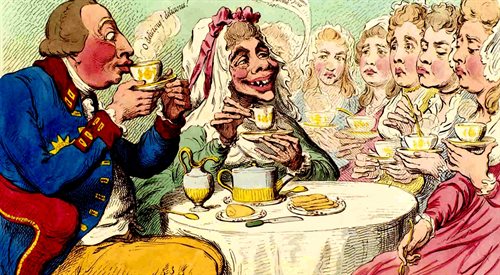 Król Jerzy III i jego żona Charlotte namawiają córki do picia herbaty bez cukru. Karykatura autorstwa Jamesa Gillraya z 1792 r.