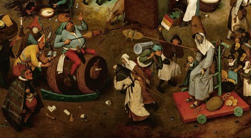 Fragment obrazu Walka karnawału z postem Pietera Bruegla - inspiracja do jednej z piosenek Jacka Kaczmarskiego.