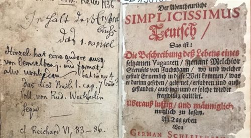 Nz. odręczne wpisy oraz jedna z odnalezionych książek - pierwsze wydanie Simplicissimusa z 1669 roku