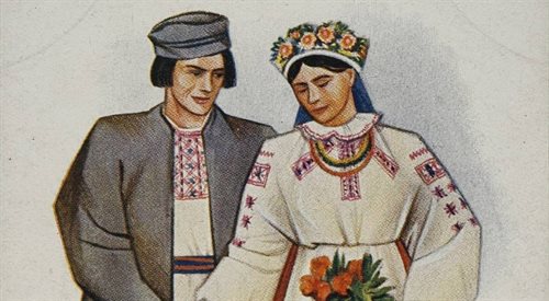 Ilustracja przedstawiająca ludowe stroje Poleszuków, grupy etnicznej zamieszkującej bagna Polesia