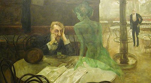 Viktor Oliva - Pijący absynt. W XIX-wiecznym nocnym lokalu kobieta mogła znaleźć się niemal wyłącznie jako obiekt pożądania...