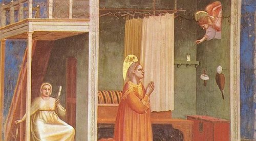 Giotto - Zwiastowanie św. Annie. To jeden z wielu przykładów apokryficznych treści (w tym wypadku pochodzących z Protoewangelii Jakuba opowiadającej o pochodzeniu Matki Bożej) w kanonicznych arcydziełach sztuki chrześcijańskiej. Inny to... popularne wciąż kolędy
