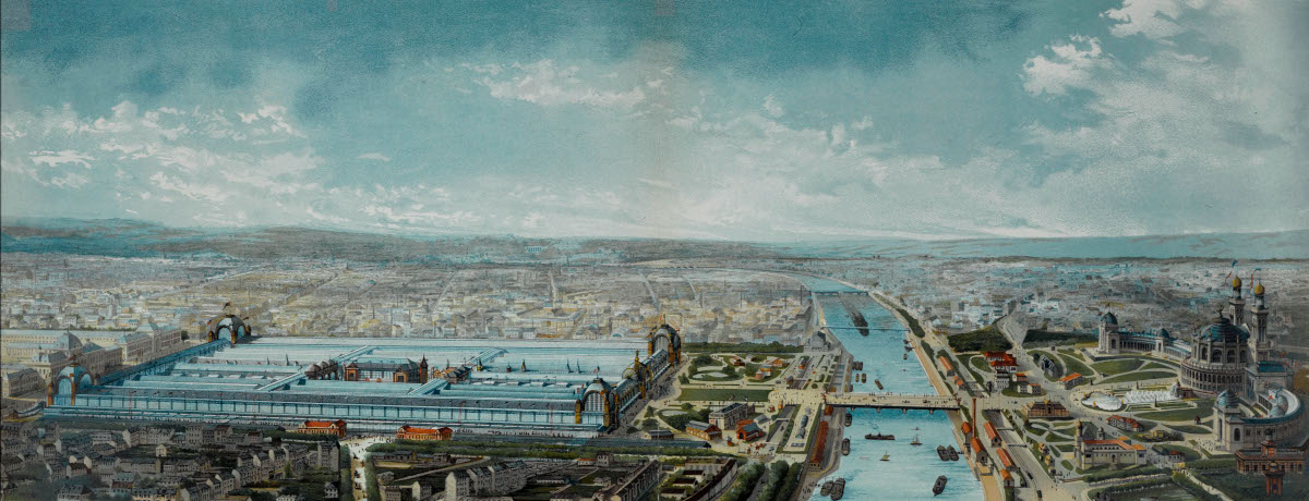Stephen Sauvestre, "Widok panoramiczny na Wystawę Powszechną w 1878 roku w Paryżu". Za ponad dekadę rozgości się w tym miejscu wieża Eiffla. Fot. Wikimedia/domena publiczna 