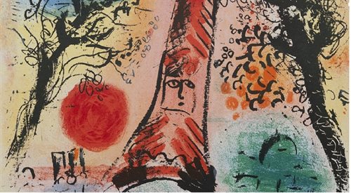 Fragment litografii Marca Chagalla, Wizja Paryża, Muzeum Marca Chagalla w Witebsku