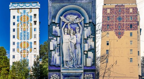Po lewej i po prawej: mozaiki na ścianach sowieckich bloków mieszkalnych w Taszkiencie, stolicy Uzbekistanu. W środku: płaskorzeźba na ścianie jednej ze stacji metra w Taszkiencie