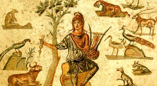 Orfeusz grający zwierzętom. Mozaika starorzymska z Palermo. Muzeum archeologiczne w Palermo.