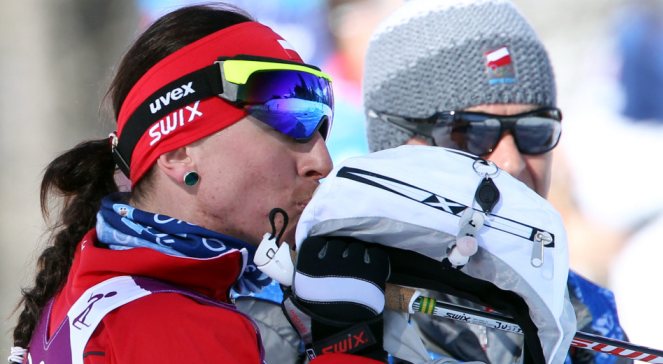 Justyna Kowalczyk oraz jej trener Aleksander Wierietielny po biegu łączonym 2x7,5 km (tech. klasyczną i łyżwową)