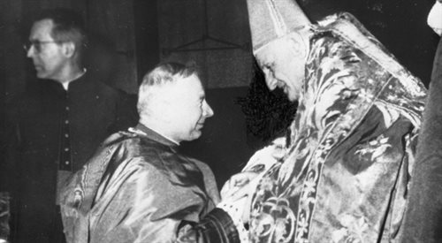 Prymas Polski kardynał Stefan Wyszyński na audiencji u nowego papieża Jana XXIII. Rzym, listopad 1958
