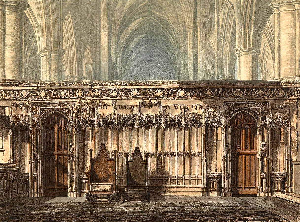 Wnętrze opactwa westminsterskiego z tronem koronacyjnym (po lewej) na obrazie pędzla George'a Roberta Lewisa (1782–1871). Fot, domena publiczna