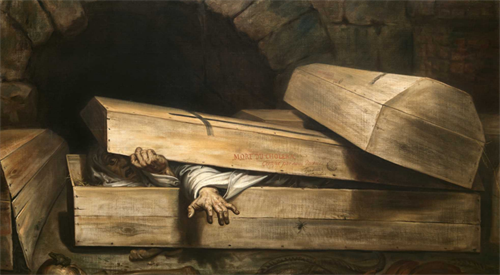 Przedwczesny pogrzeb, obraz Antoinea Wiertza, odczytywany jest jako wyraz lęku autora, który widział pospieszne pochówki w czasie epidemii cholery.