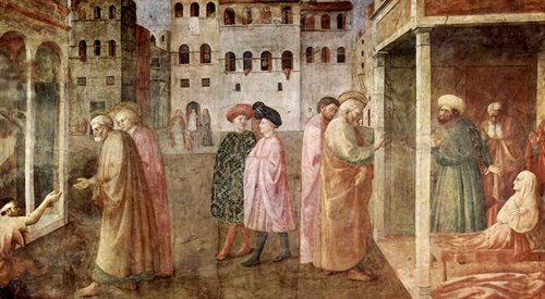 Masolino da Panicale - Uzdrowienie chromego i wskrzeszenie Tabity, kaplica Brancaccich, ok. 1425