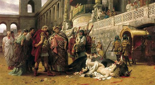 Cesarz Neron na arenie rzymskiego amfiteatru. Dirce chrześcijańska (1897 r.), obraz autorstwa Henryka Siemiradzkiego. fot: wikipediadomena publiczna