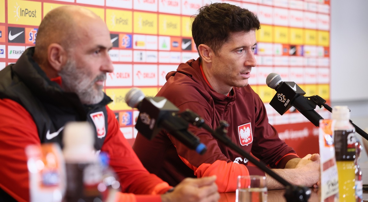 Poland boss Michał Probierz and captain Robert Lewandowski during a press conference in Warsaw on Monday, March 18, 2024.